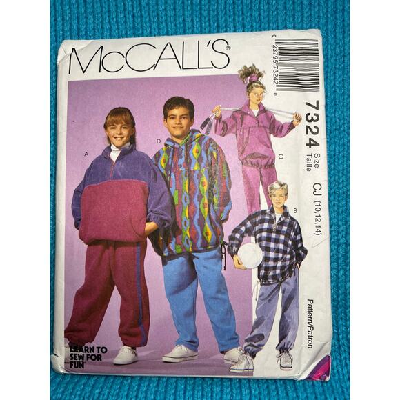 McCalls 7324 pattern Kids pullover quarter zip pants hoodie size 10 12 14 - Picture 1 of 5